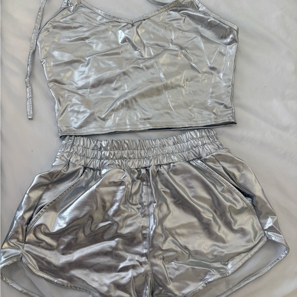 Silver Metallic Crop Top and Shorts Set